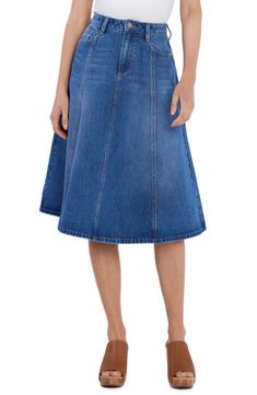 A paneled, voluminous design lends twirl-worthy style to this nonstretch-denim midi skirt accented with light fading for lived-in appeal. 28" length (size 27) Zip fly with button closure Front scoop pockets; coin pocket 100% cotton Machine wash, tumble dry Imported Medium Wash Relaxed Knee-length Skirt, Spring A-line Denim Skirt, Chic Medium Wash Knee-length Skirt, Medium Wash Midi Denim Skirt, Relaxed Midi Denim Skirt, Relaxed Denim Midi Skirt, Denim Midi Skirt, Midi Skirt, Lab