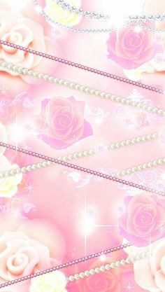 pink roses and pearls are arranged on a pink background with sparkles in the middle