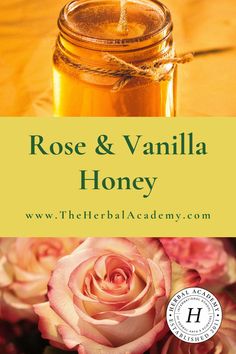 rose and vanilla honey in a jar next to pink roses