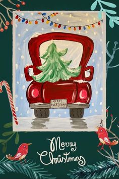 a painting of a car with a christmas tree in the back