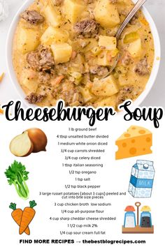 a bowl of cheeseburger soup with potatoes and carrots