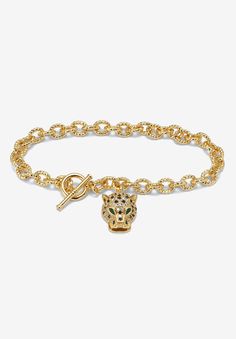 Add a fashionable twist to any outfit with our goldtone leopard charm bracelet. Featuring sparkling black, white, and green crystals, this subtle statement piece is sure to catch compliments. A toggle clasp provides an easy on/off. 8 inch length.FABRIC: GoldtoneMain Stone: 2 Marquise Faceted Cut Green Crystals, 2.5 mm x 1.25 mm32 Round Faceted Cut Black Crystals, 1 mm x 1 mm82 Round Faceted Cut Crystals, 1 mm x 1 mmDimensions: 13 mm wide x 8 inches long x 8.5 mm highIncludes gift box and drawstr Affordable Statement Jewelry With Bracelet Strap, Luxury Green Bracelet, Boss Fashion, Platinum Credit Card, Green Crystal, Drawstring Pouch, Leather Shops, Rich Girl, Marquise Cut