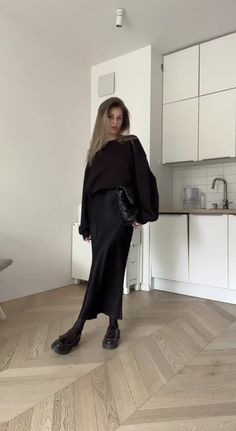 Modern Corporate Outfit, Black Dress Outfit Autumn, Black Satin Skirt Outfit Autumn, Satin Skirt And Jumper Outfit, Christmas Party Outfits Winter, Satin Skirt Evening Outfit, Fall Outfits Midi Skirt, Satin Skirt Outfit With Boots, Autumn Midi Skirt Outfit