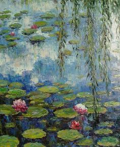 a painting of water lilies and willow branches on a pond with lily pads in the foreground