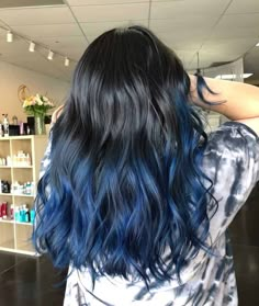 Hollywood Waves Black And Blue Hair Blue Ombre On Black Hair, Blue Hair Color On Black Hair, Blue Tips On Black Hair, Back And Blue Hair, Hair Tip Highlights, Black Into Blue Hair, Black Hair Dyed Blue, Blue Hair Color Ideas For Black Hair, Black Hair Blue Ombre