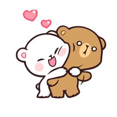 a couple of teddy bears hugging each other with hearts flying around the bear's head