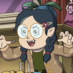 a cartoon girl with glasses and a flower in her hair