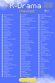 the k - drama checklist is shown in blue with clouds and yellow trims