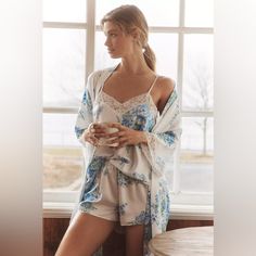 Nwt Flora Nikrooz Sabrina Pajama Shorts & Robe Travel Set Newww Color: Blue Motif Set Includes Tie Wrap Robe, Pullover Cami, And Pull-On Shorts Polyester Hand Wash Imported Dimensions Robe: 35"L Shorts 2.25" Inseam Corpse Bride Alive, Bridal Pjs, Greece Vibes, Puerto Rico Wedding, Bridal Pajamas, Flora Nikrooz, Wedding Getting Ready, Bridal Events, Bridesmaid Pyjamas