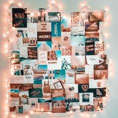 a collage of photos and lights on a wall