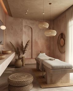 a spa room with stone walls and large mirrors on the wall next to two benches