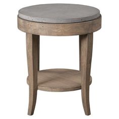 a round wooden table with concrete top and shelf on one side, isolated against a white background