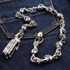 Heavy Skull Skeleton 925 Sterling Silver Biker Wallet Chain ~Brand New    100% solid 925 sterling silver    Stamp.925 trademark on the chain    Wallet chain length: 23" (58.5cm)    Wallet chain weight: 300g  (approx)     Keep your wallet close at hand at all times with the help of our Skull Skeleton 925 Sterling Silver Biker Wallet Chain. A piece that is sure to become a staple in your jewellery collection, this chain is one that has effortless and timeless appeal. For the biker or rocker in you Silver Wallet, Bike Leathers, Skull Wallet, Wallet Chains, Biker Wallet, Skeleton Skull, Skull Face, Chain Wallet, Belt Accessories