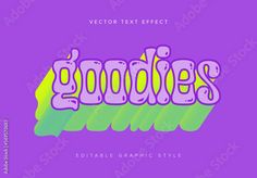 the word goodies is written in purple and green colors on a purple background with an abstract