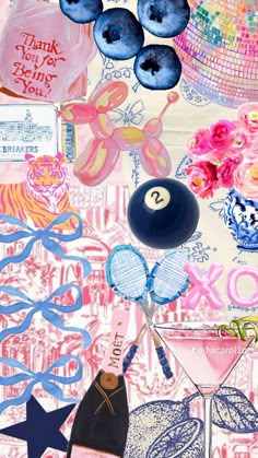 a collage of tennis related items including balls, rackets and other things on a pink background