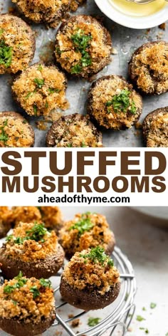 stuffed mushrooms on a wire rack with dipping sauce in the background and text overlay