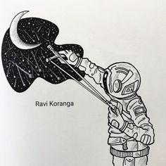 a drawing of an astronaut in space blowing out a bubble with the words ravi koranga written on it