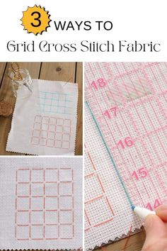 the instructions for how to make grid cross stitch fabric with pictures and text overlay