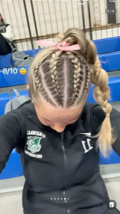 Four Braids Into Ponytail, Braided Hairstyles For Sports Basketball, Fun Track Hairstyles, 4 Braids Into Ponytail, Footy Hairstyles, 4 Braids Into Bun, Track And Field Hairstyles, Netball Hairstyles