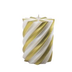 a white and gold striped candle holder on a white background with a cross in the center