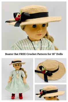 the doll is wearing a straw hat and dress