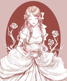 a drawing of a woman in a dress holding a cup with roses around her neck