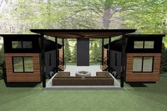 an image of a small house in the woods with furniture and trees around it,