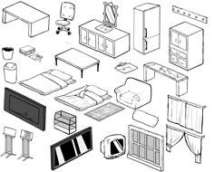 a black and white drawing of various furniture items including a bed, desk, chair, television, dresser, mirror