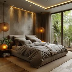 a large bed sitting in a bedroom next to a window with lots of light on it