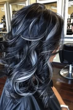 Dark Grey Hair With Highlights, Platinum Lowlights On Dark Hair, Silver And Dark Hair, Micro Highlights On Black Hair, Brunette Hair With White Highlights, Dark Brown With White Highlights, Brunette With White Highlights, Black Platinum Hair, Ash Grey Highlights On Black Hair