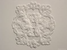 an intricate white doily is shown on the wall