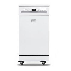 a white dishwasher sitting on wheels against a white background