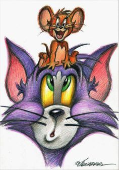 a drawing of a cat and mouse on top of each other's head,