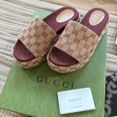 100% Authentic Gucci Platform Slides- Comes With Original Dust Bags. Like Brand New- Worn For A Couple Of Hours. #Gucci #Sandals #Platform Gucci Brown Slip-on Sandals, Beige Designer Sandals With Cushioned Footbed, Gucci Brown Sandals For The Beach, Designer Beige Platform Sandals, Gucci Beige Open Toe Sandals, Gucci Beige Sandals For Summer, Beige Gucci Sandals For Summer, Summer Beige Gucci Sandals, Gucci Platform Sandals Outfit