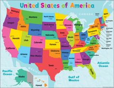 the united states of america map with all major cities and their names in bright colors