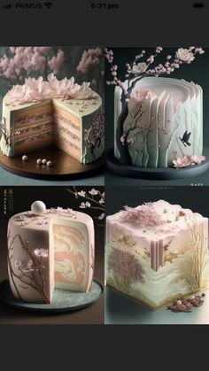 four different types of cakes with frosting and flowers on the top one is pink