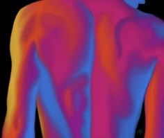 the back of a man's body is colored in red, yellow and blue