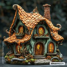 a miniature house made out of clay and painted green with brown roof, windows and chimneys