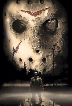 a movie poster for friday the 13th with a man standing in front of an evil mask