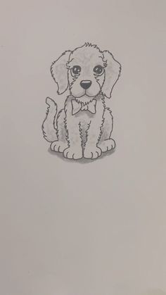 a drawing of a small dog with a bow tie on it's head sitting down