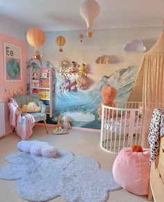 a child's bedroom with pink walls and white carpeted flooring, teddy bears on the wall