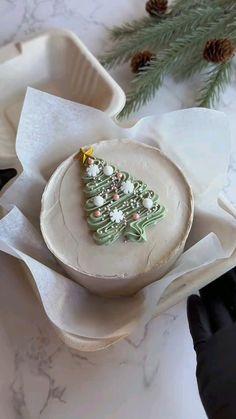 a small christmas tree on a plate in a bowl with napkins and pine cones