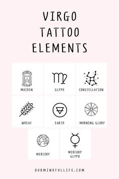 the virgo tattoo elements are shown in black and white on a light pink background