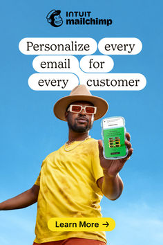 a man holding up a cell phone in front of a blue sky with the words personalize every email for every customer learn more