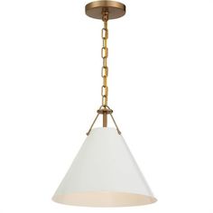 a white and gold pendant light hanging from a ceiling fixture with a chain around it