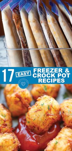 the cover of freezer and crockpot recipes is shown in front of an assortment of appetizers