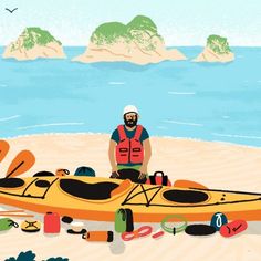 a man standing next to a yellow kayak on top of a sandy beach near the ocean