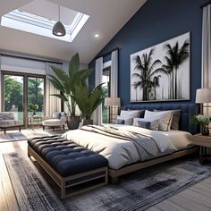 a large bed sitting under a skylight in a bedroom