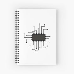 a computer chip spiral notebook with black and white lines on the front, and an image of