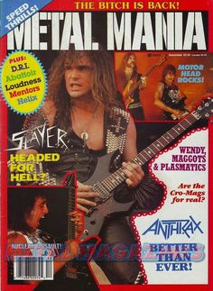 the cover of metal mania magazine with an image of heavy rock singer and guitarist, slash